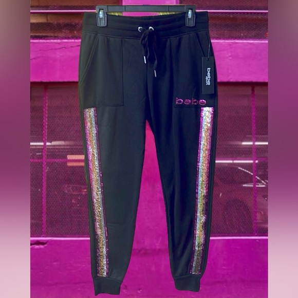 Bebe women’s size small sweatpants joggers hot pink sequin side stripe black $79 - Picture 3 of 8